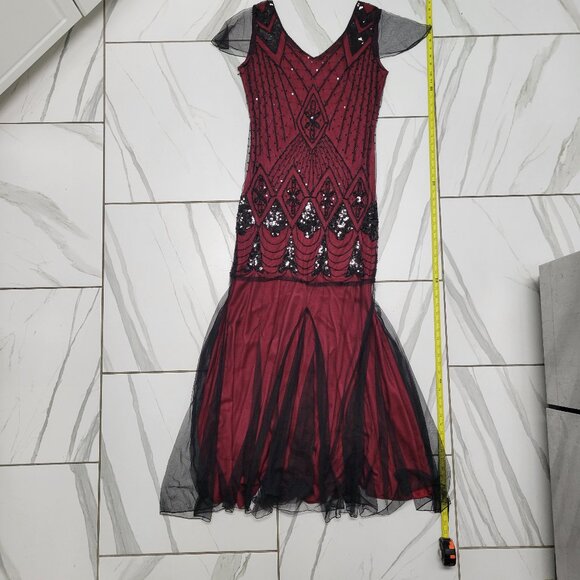 1920s style Costume formal party red dress with Lace and sequins overlay xs/sm - Picture 10 of 13